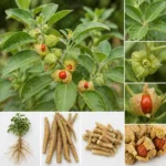 Plante d’Ashwagandha (Withania somnifera) avec feuilles vertes, baies rouges dans leur calice, racines fraîches et séchées utilisées en phytothérapie
