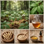Ginseng asiatique (Panax ginseng) : plant en forêt, feuilles, décoction, racines blanches, poudre, gélules et huile de ginseng bio