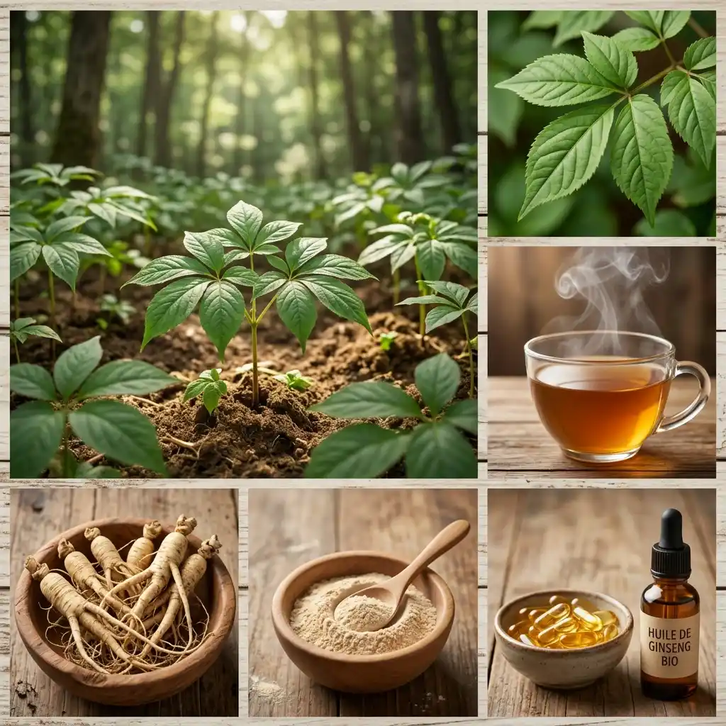 Ginseng asiatique (Panax ginseng) : plant en forêt, feuilles, décoction, racines blanches, poudre, gélules et huile de ginseng bio