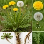 Pissenlit (Taraxacum officinale) : fleurs, boule blanche, feuilles et racines — plante aux bienfaits pour le foie et les reins