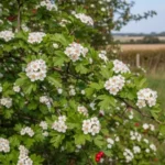 Aubépine (Crataegus monogyna) – arbuste épineux aux petites fleurs blanches et aux fruits rouges vifs, typique des haies champêtres d’Europe.