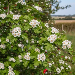 Aubépine (Crataegus monogyna) – arbuste épineux aux petites fleurs blanches et aux fruits rouges vifs, typique des haies champêtres d’Europe.