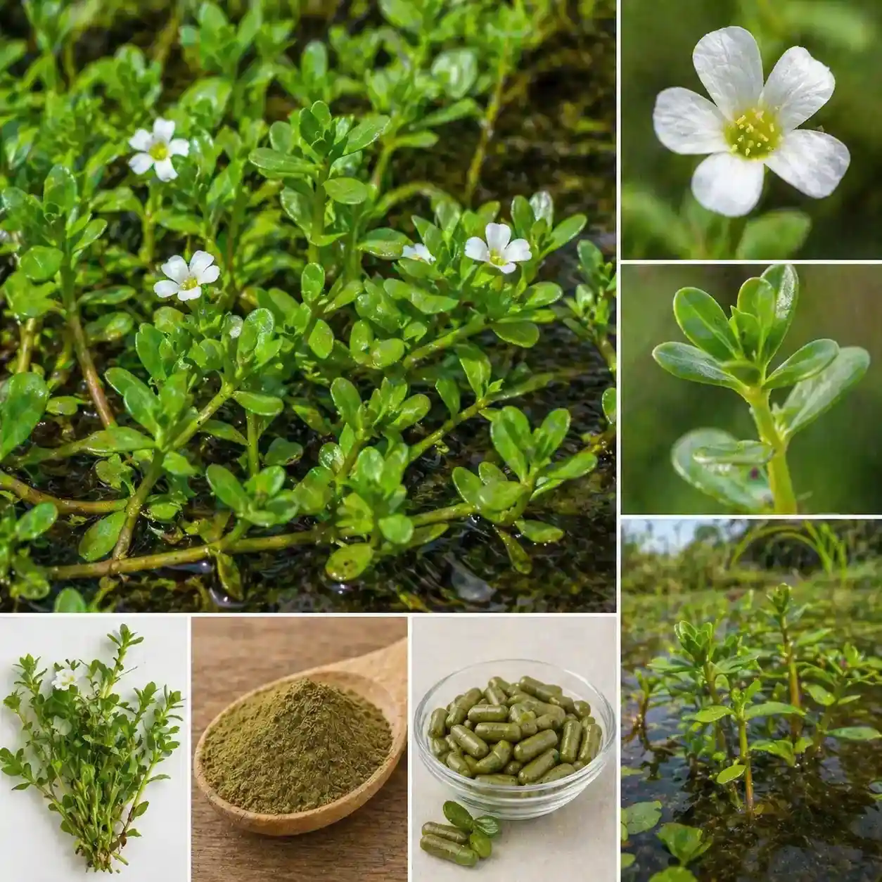 Bacopa monnieri (Brahmi) : plante aquatique, fleur blanche, feuilles charnues, parties aériennes fraîches, poudre et gélules — identification botanique et formes utilisées en phytothérapie