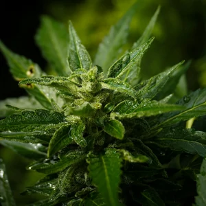 Cannabis (Cannabis sativa) – plante herbacée annuelle aux feuilles palmées dentées et aux inflorescences femelles riches en trichomes.