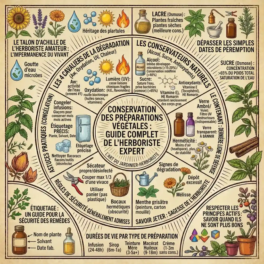 Infographie complète sur la conservation des préparations végétales en herboristerie : facteurs de dégradation, conservateurs naturels, durée de vie et bonnes pratiques de stockage