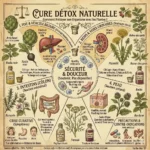 Infographie détaillée sur une cure détox naturelle montrant comment soutenir physiologiquement les quatre émonctoires (foie, reins, intestins, peau) avec des plantes médicinales ciblées.