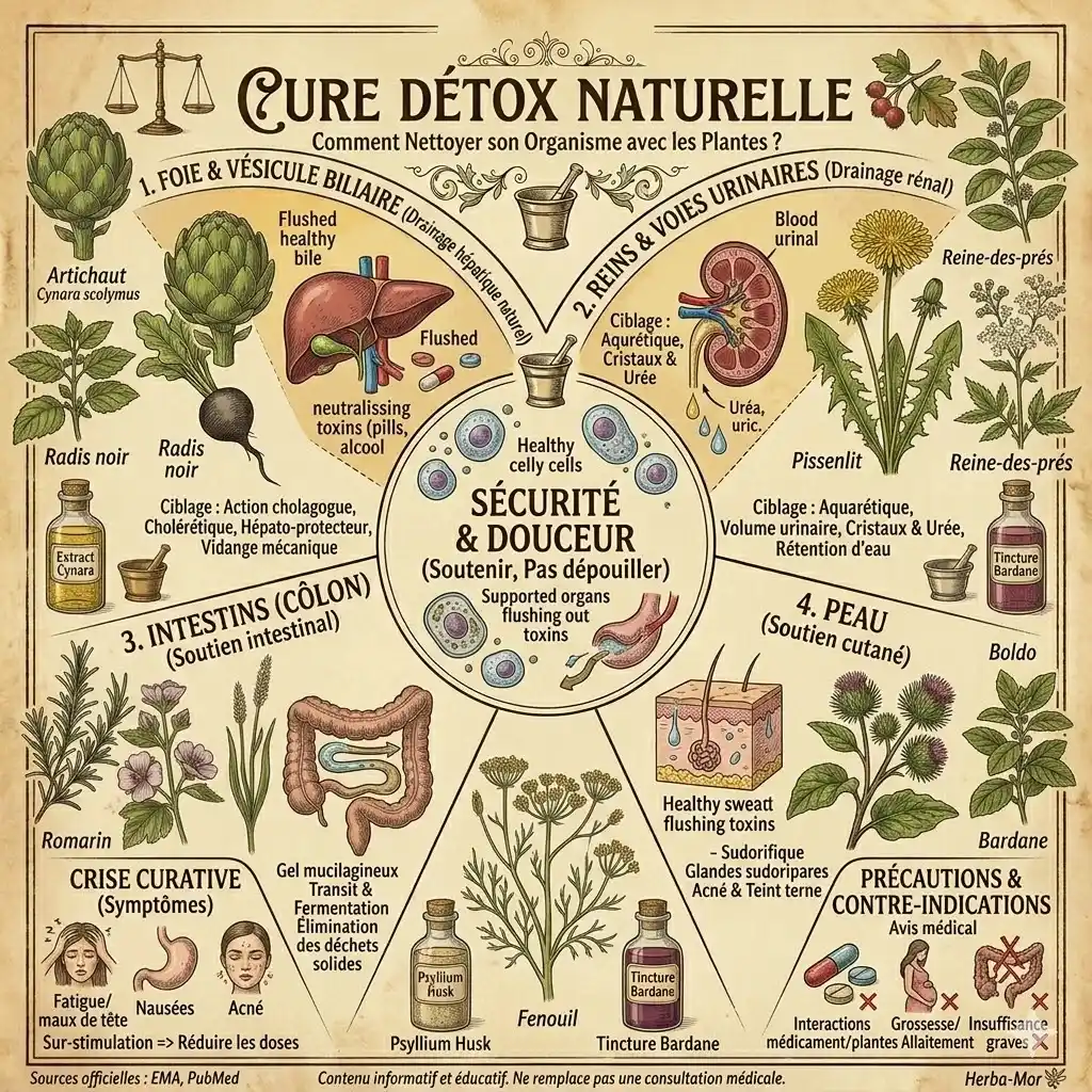 Infographie détaillée sur une cure détox naturelle montrant comment soutenir physiologiquement les quatre émonctoires (foie, reins, intestins, peau) avec des plantes médicinales ciblées.