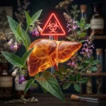 Illustration conceptuelle d'un foie humain entouré de plantes hépatotoxiques (consoude, germandrée) avec un symbole d'avertissement rouge, symbolisant le danger pour la santé.