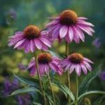 Échinacée pourpre (Echinacea purpurea L.) – photographie réaliste de grandes fleurs rose pourpré à cœur conique orangé, observées sur pied en milieu naturel.