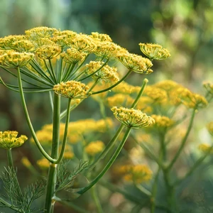 Fenouil (Foeniculum vulgare) – plante aromatique vivace aux tiges creuses, feuilles fines et fleurs jaunes en ombelles, typique des régions méditerranéennes.