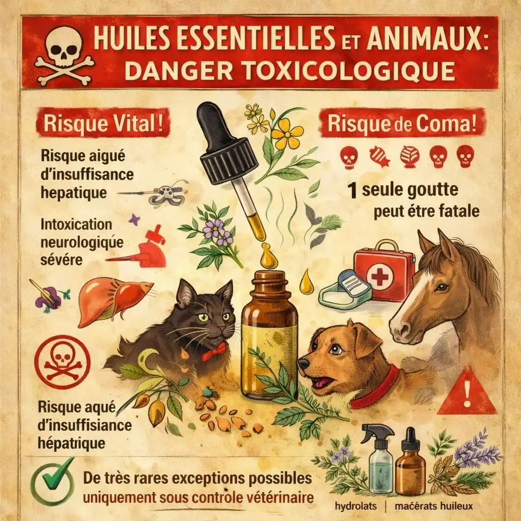 Infographie huiles essentielles et animaux montrant les risques de toxicité chez le chat et le chien