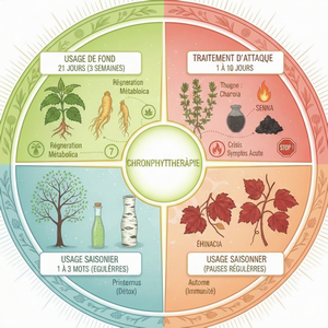 Infographie : Combien de temps prendre une plante médicinale ? Schéma comparatif entre traitement d'attaque (1 à 10 jours), cure de fond (21 jours) et usage saisonnier.
