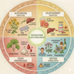 Interactions plantes médicaments : infographie circulaire détaillée montrant l'accélération (induction), le ralentissement (inhibition), le risque hémorragique et la sédation cumulative, avec des exemples comme le millepertuis, le pamplemousse, le ginkgo, l'ail, la valériane et la passiflore.