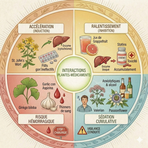 Interactions plantes médicaments : infographie circulaire détaillée montrant l'accélération (induction), le ralentissement (inhibition), le risque hémorragique et la sédation cumulative, avec des exemples comme le millepertuis, le pamplemousse, le ginkgo, l'ail, la valériane et la passiflore.