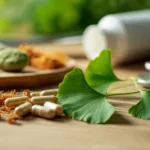 Interactions plantes médicaments montrant des feuilles de ginkgo biloba à côté de gélules pharmaceutiques et d'un stéthoscope.