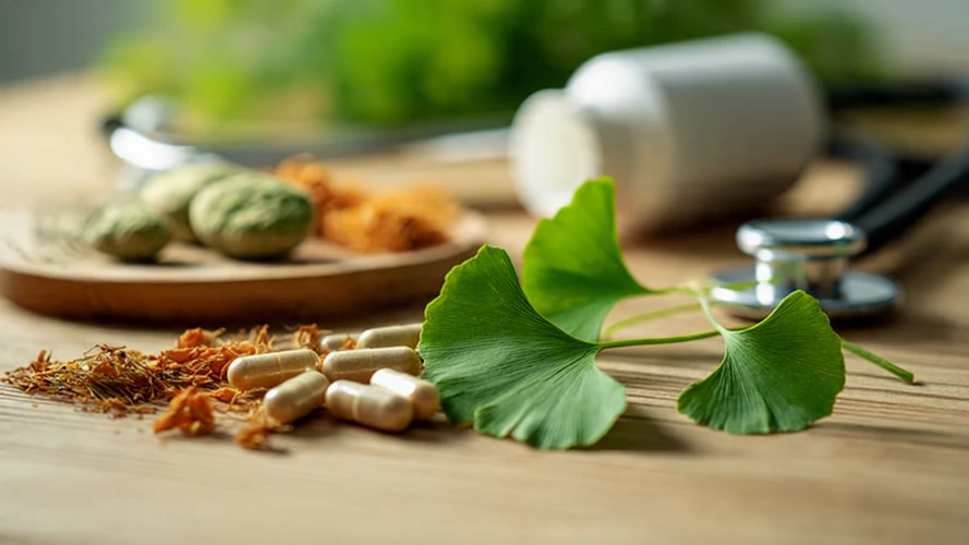 Interactions plantes médicaments montrant des feuilles de ginkgo biloba à côté de gélules pharmaceutiques et d'un stéthoscope.