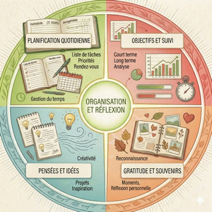 Infographie circulaire présentant les 4 piliers du Journal Phytothérapeutique : nom latin, galénique, dosages et ressentis physiologiques.