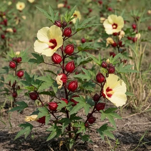 Karkadé (Hibiscus sabdariffa L.) – plante tropicale aux calices rouges charnus et fleurs jaune pâle, traditionnellement utilisée en boisson dans de nombreuses cultures.
