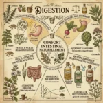 Infographie vintage illustrant l'utilisation des plantes médicinales pour améliorer naturellement la digestion et soulager les problèmes intestinaux.