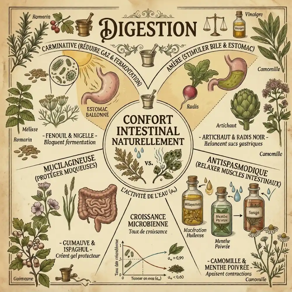 Infographie vintage illustrant l'utilisation des plantes médicinales pour améliorer naturellement la digestion et soulager les problèmes intestinaux.