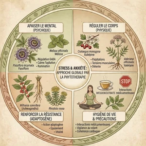 Infographie complète sur la prise en charge naturelle du Stress et anxiété : action sur le mental (Passiflore), le physique (Aubépine), la résistance (Ashwagandha) et l'hygiène de vie