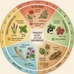 Les Principes Actifs des Plantes Médicinales : infographie classant les 5 familles chimiques majeures (Alcaloïdes, Flavonoïdes, Tanins, Mucilages, Huiles Essentielles), avec leurs actions thérapeutiques, exemples de plantes (Pavot, Cassis, Lavande) et niveaux de vigilance.
