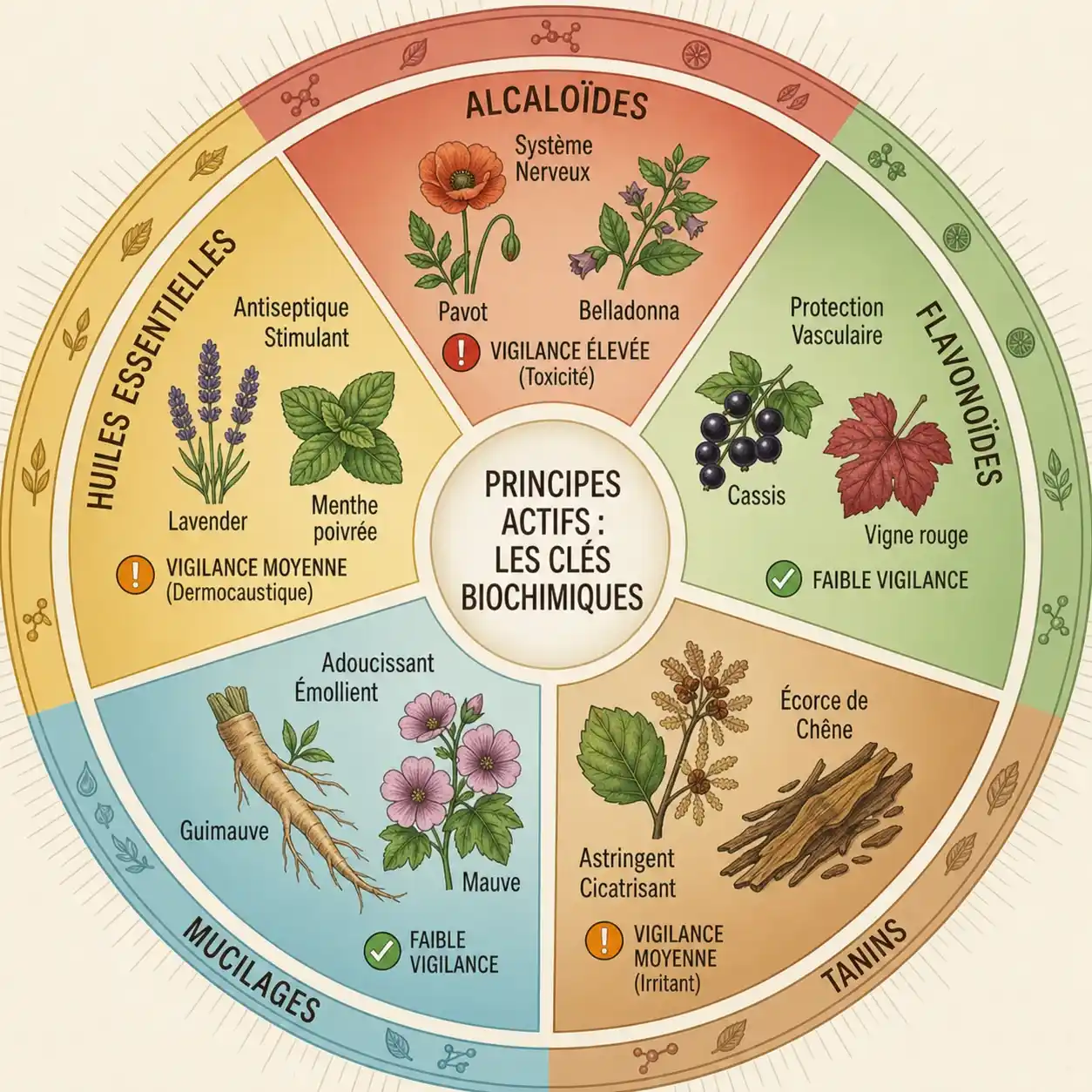 Les Principes Actifs des Plantes Médicinales : infographie classant les 5 familles chimiques majeures (Alcaloïdes, Flavonoïdes, Tanins, Mucilages, Huiles Essentielles), avec leurs actions thérapeutiques, exemples de plantes (Pavot, Cassis, Lavande) et niveaux de vigilance.