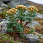 Rhodiola rosea (orpin rose), plante médicinale de climat froid aux feuilles charnues et fleurs estivales