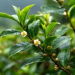 Thé vert (Camellia sinensis) – arbuste à feuilles persistantes vert foncé et fleurs blanches, cultivé pour ses jeunes pousses riches en arômes.
