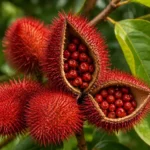 Urucum (Bixa orellana) : capsules épineuses ouvertes révélant les graines rouges gorgées de bixine, sur l'arbre en milieu tropical naturel.