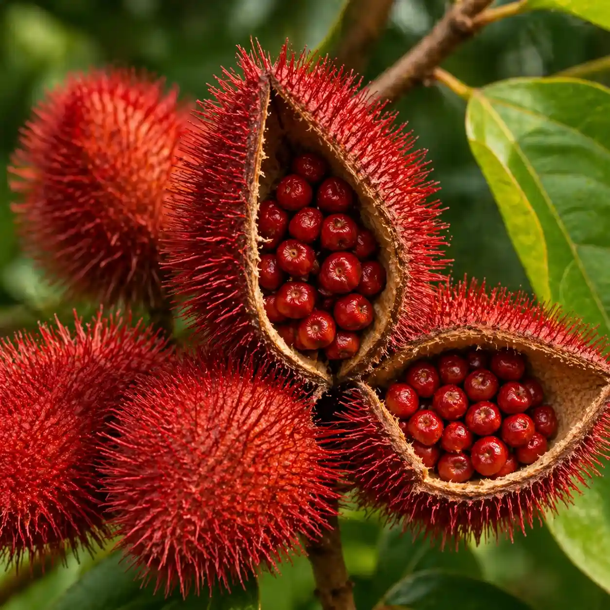 Urucum (Bixa orellana) : capsules épineuses ouvertes révélant les graines rouges gorgées de bixine, sur l'arbre en milieu tropical naturel.