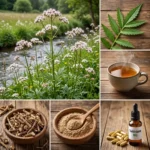 Collage de la valériane officinale (Valeriana officinalis) : plante en fleurs en prairie, feuille pennée, racines séchées, poudre, tisane et gélules