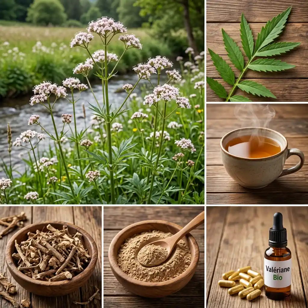 Collage de la valériane officinale (Valeriana officinalis) : plante en fleurs en prairie, feuille pennée, racines séchées, poudre, tisane et gélules