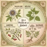 Schéma des 4 piliers de la sérénité Herba-Mor : illustration botanique de la Passiflore pour le mental, la Mélisse pour la digestion, l'Aubépine pour le cœur et la Valériane pour le sommeil.