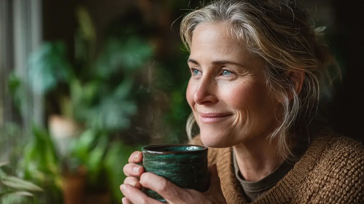 Femme sereine buvant une infusion pour illustrer l'accompagnement naturel de la ménopause
