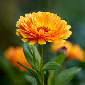 Calendula (Calendula officinalis L.) – photographie réaliste d’une fleur orange vif aux pétales rayonnants, observée sur la plante en milieu naturel