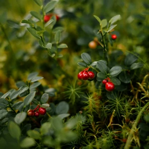 Canneberge (Vaccinium macrocarpon) – petite plante rampante des zones humides portant des baies rouges rondes, typiques des tourbières nord-américaines.