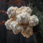 Crinière de Lion (Hericium erinaceus) – champignon blanc aux longs aiguillons en cascade, poussant sur les troncs de feuillus en milieu forestier.