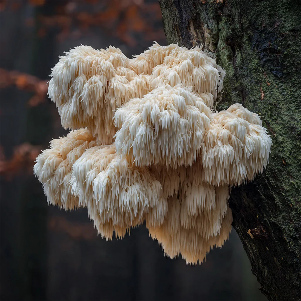Crinière de Lion (Hericium erinaceus) – champignon blanc aux longs aiguillons en cascade, poussant sur les troncs de feuillus en milieu forestier.