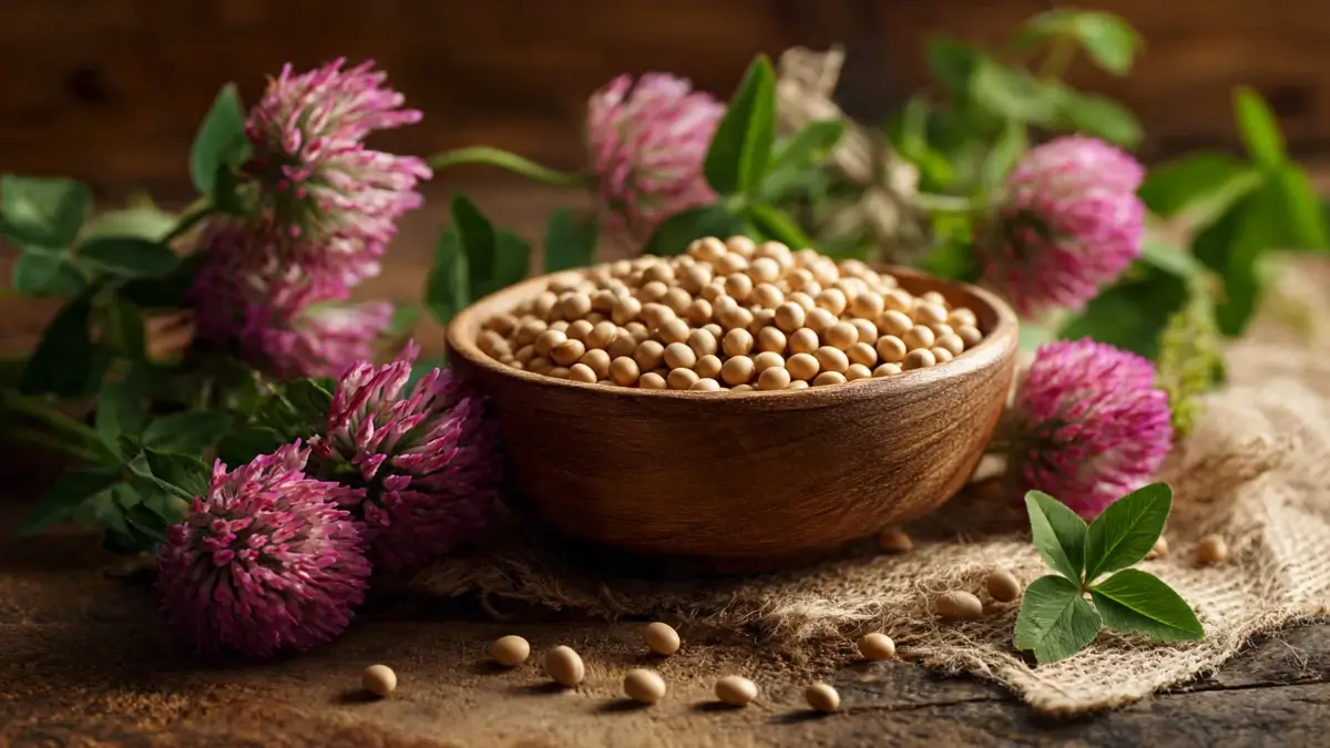 Graines de soja et fleurs de trèfle rouge, sources naturelles de phytoestrogènes