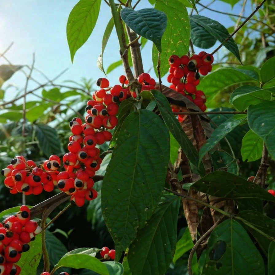 Guarana (Paullinia cupana Kunth) – photographie réaliste d’une liane tropicale aux fruits rouges ouverts laissant apparaître des graines noires entourées d’un arille blanc, en milieu amazonien.