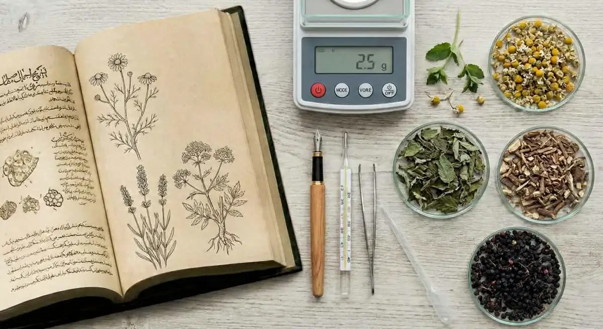 Guides pratiques en phytothérapie : matériel de préparation, balance et livre ancien pour apprendre l'herboristerie