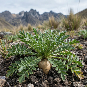 Maca du Pérou (Lepidium meyenii Walp.) – photographie réaliste d’une plante andine basse à rosette de feuilles vertes, cultivée en altitude sur sol rocheux