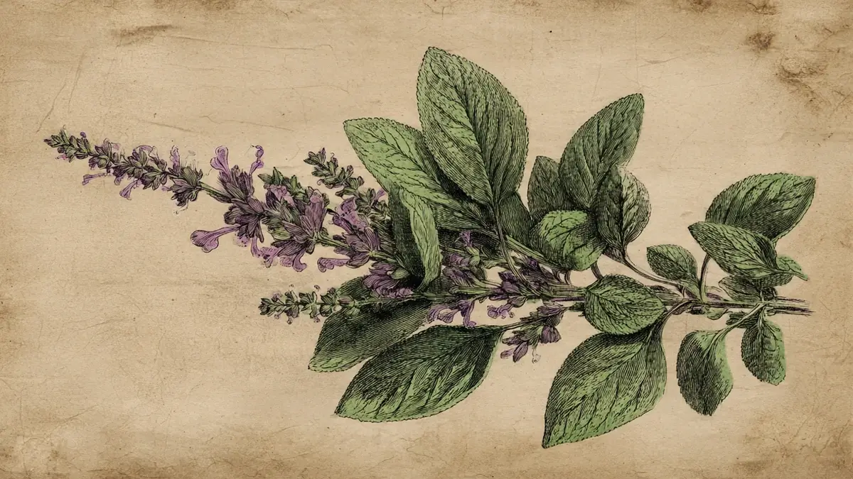 Planche botanique ancienne de la sauge officinale montrant les feuilles et les fleurs