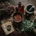 Symptômes de la ménopause et solutions naturelles : composition de sauge, trèfle rouge et éventail traditionnel pour le confort thermique