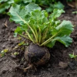 Radis noir (Raphanus sativus var. niger) – racine sombre à peau noire rugueuse et feuilles vertes lobées, cultivée traditionnellement en Europe