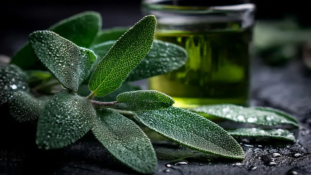 Feuilles de sauge fraîche et matériel d'extraction en laboratoire naturel