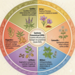 Infographie circulaire présentant un guide 2026 sur les 6 plantes efficaces pour soulager le Syndrome Prémenstruel (SPM). Le diagramme est divisé en six sections colorées, chacune illustrant une plante (Gattilier, Safran, Camomille, Mélisse, Griffonia, Gingembre) et ses bienfaits spécifiques pour l'équilibre hormonal, l'humeur et les douleurs.