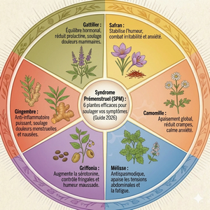 Infographie circulaire présentant un guide 2026 sur les 6 plantes efficaces pour soulager le Syndrome Prémenstruel (SPM). Le diagramme est divisé en six sections colorées, chacune illustrant une plante (Gattilier, Safran, Camomille, Mélisse, Griffonia, Gingembre) et ses bienfaits spécifiques pour l'équilibre hormonal, l'humeur et les douleurs.