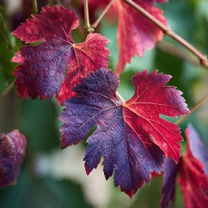 Vigne rouge (Vitis vinifera L.) – photographie réaliste de feuilles rouge foncé aux nervures marquées, observées sur pied en milieu viticole.